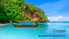  Presentation with boat - Colorful PPT layouts enhanced with thailand phi phi island - longtale boat at the beach backdrop and a cyan colored foreground