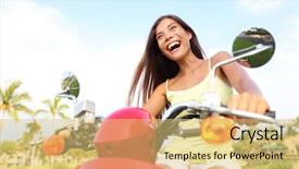  Presentation with electric scooter - PPT theme with electric motorcycle - summer road trip fun woman background and a yellow colored foreground