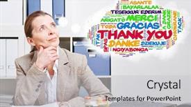  Presentation with communication - PPT layouts enhanced with thank many languages - young woman with communication tag background and a light gray colored foreground