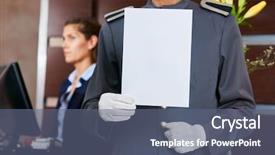  Presentation with hotel - Presentation design consisting of hotel clerk holding a blank background and a ocean colored foreground