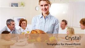  Presentation with happy thanksgiving - Presentation theme enhanced with thanksgiving - portrait of pretty woman background and a coral colored foreground
