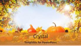  Presentation with falling leaves - Cool new presentation theme with thanksgiving background with pumpkins wooden backdrop and a gold colored foreground