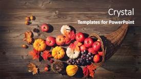  Presentation with thanksgiving - Amazing PPT theme having thanksgiving-cornucopia-filled-with-pumpkins backdrop and a tawny brown colored foreground