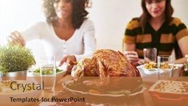  Presentation with thanksgiving dinner - Slide set enhanced with thanksgiving dinner turkey with people eating background and a coral colored foreground