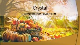  Presentation with falling leaves - Amazing PPT theme having thanksgiving pumpkins and falling leaves backdrop and a coral colored foreground
