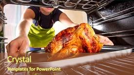  Presentation with cooking rotisserie chicken - Presentation theme enhanced with thanksgiving turkey - housewife prepares roast chicken background and a red colored foreground