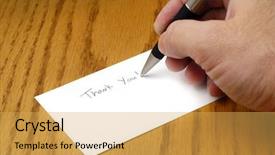  Presentation with writing pen - Audience pleasing presentation theme consisting of person writing thank you note backdrop and a yellow colored foreground