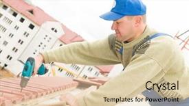  Presentation with builder - Presentation consisting of thatcher - builder worker at roofing works background and a  colored foreground