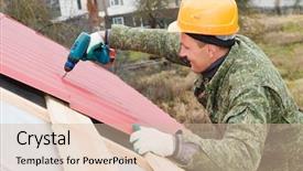  Presentation with golden burst of fire works - Presentation theme featuring thatcher - builder worker at roofing works background and a lemonade colored foreground