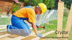  Presentation with construction work - Audience pleasing theme consisting of thatcher - construction roofer carpenter worker hammering backdrop and a lemonade colored foreground