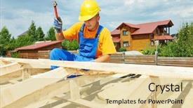  Presentation with wood roof - Theme having thatcher - roofer carpenter worker nailing wood background and a  colored foreground