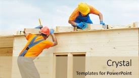  Presentation with wood roof - Theme featuring thatcher - two construction carpenters roofers workers background and a lemonade colored foreground
