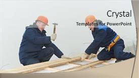  Presentation with wood roof - Audience pleasing slides consisting of thatcher - two roofers nailing wood roof backdrop and a white colored foreground