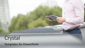  Presentation with business environment using laptops globe - PPT layouts consisting of the balcony with green background and a light gray colored foreground