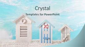  Presentation with maritime - PPT theme featuring the beach - bathhouse near the sea as a maritime background background and a sky blue colored foreground