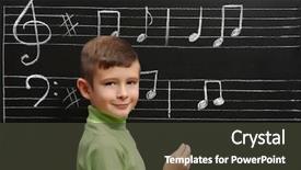  Presentation with music note - Audience pleasing PPT theme consisting of cute boy writing backdrop and a dark gray colored foreground