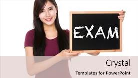  Presentation with chalkboard - PPT theme consisting of asian woman hold with the blank chalkboard showing a word exam background and a lemonade colored foreground