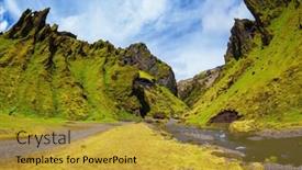 Presentation with moss - Beautiful presentation design featuring the bottom of canyon flows small creek fast summer blooming iceland pakgil canyon - green grass and moss on rocks backdrop and a gold colored foreground