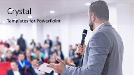  Presentation with conference - Audience pleasing presentation theme consisting of the conference hall entrepreneurship backdrop and a light gray colored foreground