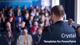  Presentation with audience - Slide deck having the conference hall entrepreneurship background and a navy blue colored foreground