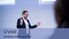  Presentation with audience - Colorful presentation design enhanced with the conference hall entrepreneurship backdrop and a light blue colored foreground