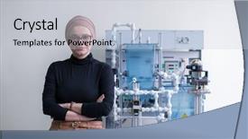  Presentation with education technology - Slides with portrait of a young female muslim student standing in the electronic classroom education and technology concept background and a light gray colored foreground