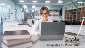  Presentation with female college student uti - Beautiful PPT layouts featuring the laptop in library backdrop and a  colored foreground