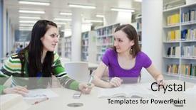  Presentation with high school students - PPT layouts with the library - two female students with books working in a high school library color toned image background and a light gray colored foreground