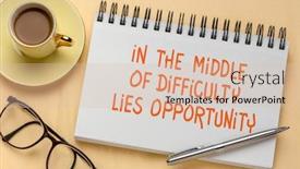  Presentation with business opportunity - Presentation design featuring the middle of difficulty lies opportunity - handwriting in a sketchbook with a cup of coffee uplifting and inspirational quote business or lifestyle concept background and a lemonade colored foreground