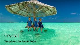  Presentation with under umbrella - PPT theme with the ocean tropical maldives background and a seafoam green colored foreground