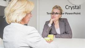  Presentation with listening woman - Audience pleasing slide deck consisting of standing together with computer motherboard backdrop and a  colored foreground.