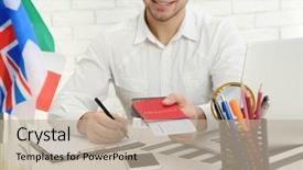  Presentation with company - Beautiful slide deck featuring the office of travel backdrop and a mint green colored foreground