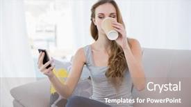 Presentation with young sing woman singing young - Beautiful presentation featuring the phone at home backdrop and a coral colored foreground