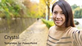  Presentation with ginkgo - PPT theme consisting of japan girl - woman taking selfie background and a coral colored foreground