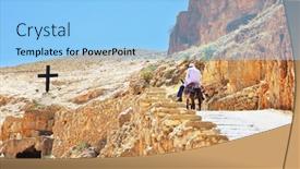  Presentation with pilgrim - Slide deck with the road paved with stone climbs on a donkey pilgrim in white clothes wadi kelt the road to the monastery of st george background and a light blue colored foreground