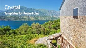  Presentation with old house - Slide deck with the sea and mountain background and a teal colored foreground