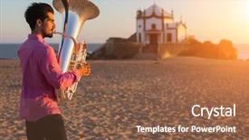  Presentation with trumpet - Presentation design having the sea coast tuba background and a tawny brown colored foreground