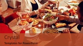  Presentation with thanksgiving dinner - Presentation design with the shoulder view of a group of young adult multi-ethnic male and female friends sitting around a table holding dishes and serving thanksgiving dinner at home together background and a red colored foreground