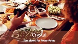  Presentation with bottle red wine - Presentation consisting of the shoulder view of a young mixed race man sitting at a table at home set for thanksgiving dinner pouring a glass of red wine from a bottle for a young mixed race woman sitting at the table background and a tawny brown colored foreground