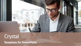  Presentation with eyeglasses - Audience pleasing slide set consisting of the table in cafe backdrop and a coral colored foreground