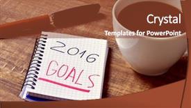  Presentation with goals - Colorful slide set enhanced with notebook with the text 2016 backdrop and a tawny brown colored foreground
