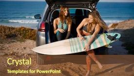  Presentation with surfing - Presentation theme consisting of best summer beach - two beautiful surfer girls sitting background and a tawny brown colored foreground