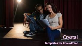  Presentation with theater stage - Presentation theme enhanced with theater - actors reading their scripts background and a wine colored foreground