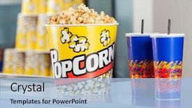  Presentation with popcorn - Amazing PPT theme having theater - popcorn bucket with cold drinks backdrop and a light blue colored foreground