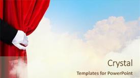  Presentation with theater curtain - Colorful presentation theme enhanced with theater curtains - hand of businessman opening red backdrop and a cream colored foreground