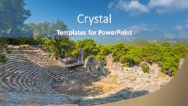  Presentation with ancient ruins - Slide deck having theater-ruins-in-the-ancient background and a teal colored foreground