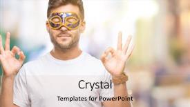  Presentation with yoga and meditation - Slides consisting of theather mysterys - young handsome man wearing carnival background and a  colored foreground