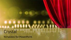  Presentation with curtain opening - Colorful slide deck enhanced with theatre arts - hand of businessman opening red backdrop and a gold colored foreground