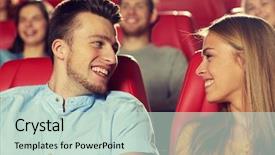  Presentation with cinema theatre - Audience pleasing slides consisting of theatre screen - cinema entertainment and people concept backdrop and a soft green colored foreground