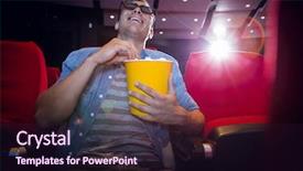  Presentation with cinema film processing - Beautiful PPT theme featuring theatre screen - happy young man watching backdrop and a  colored foreground